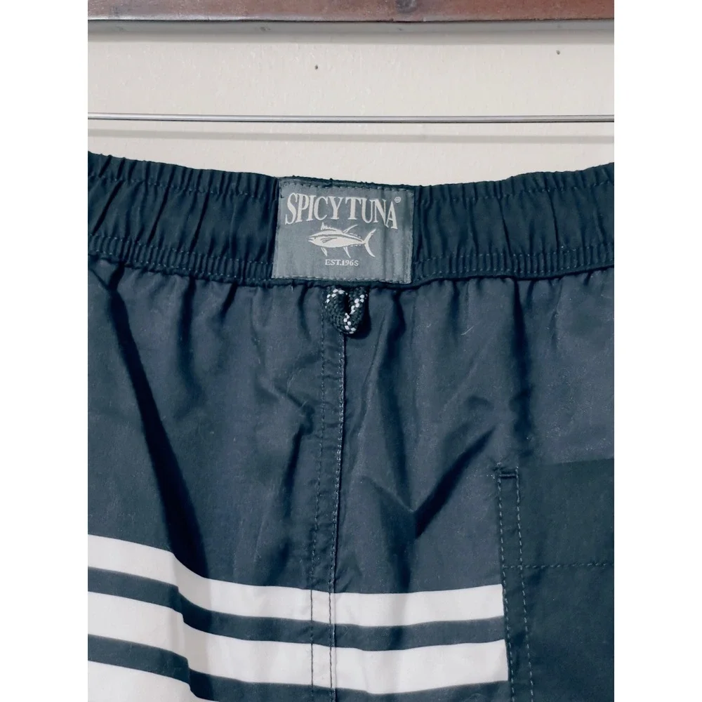 Spicy Tuna‎ Mens Swim Trunks Medium Navy Blue White Red Striped Board Shorts